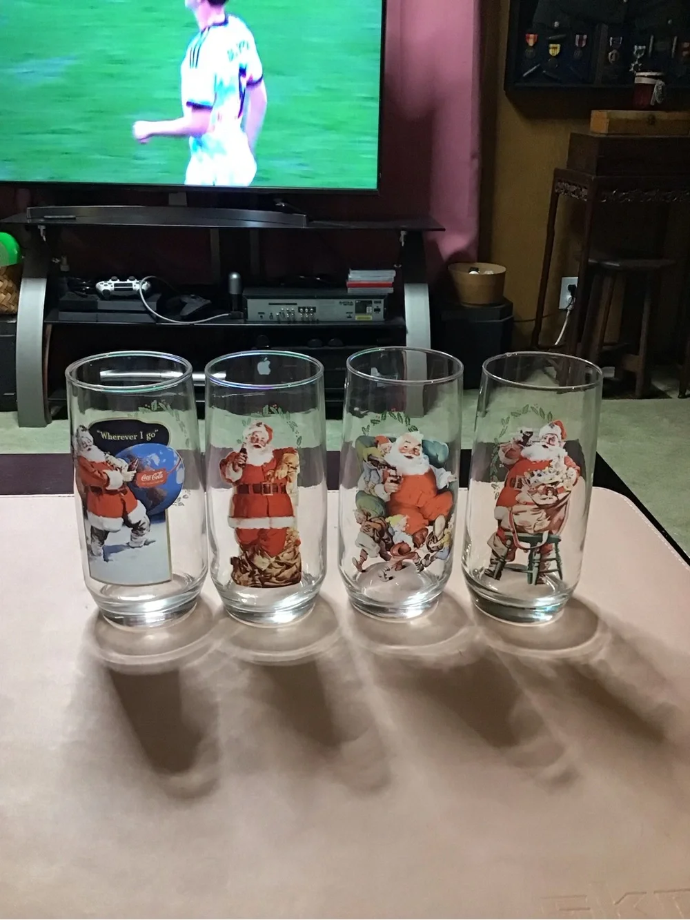4 Vintage Coca-Cola Santa Christmas Glasses Set Collectable Glassware Coke